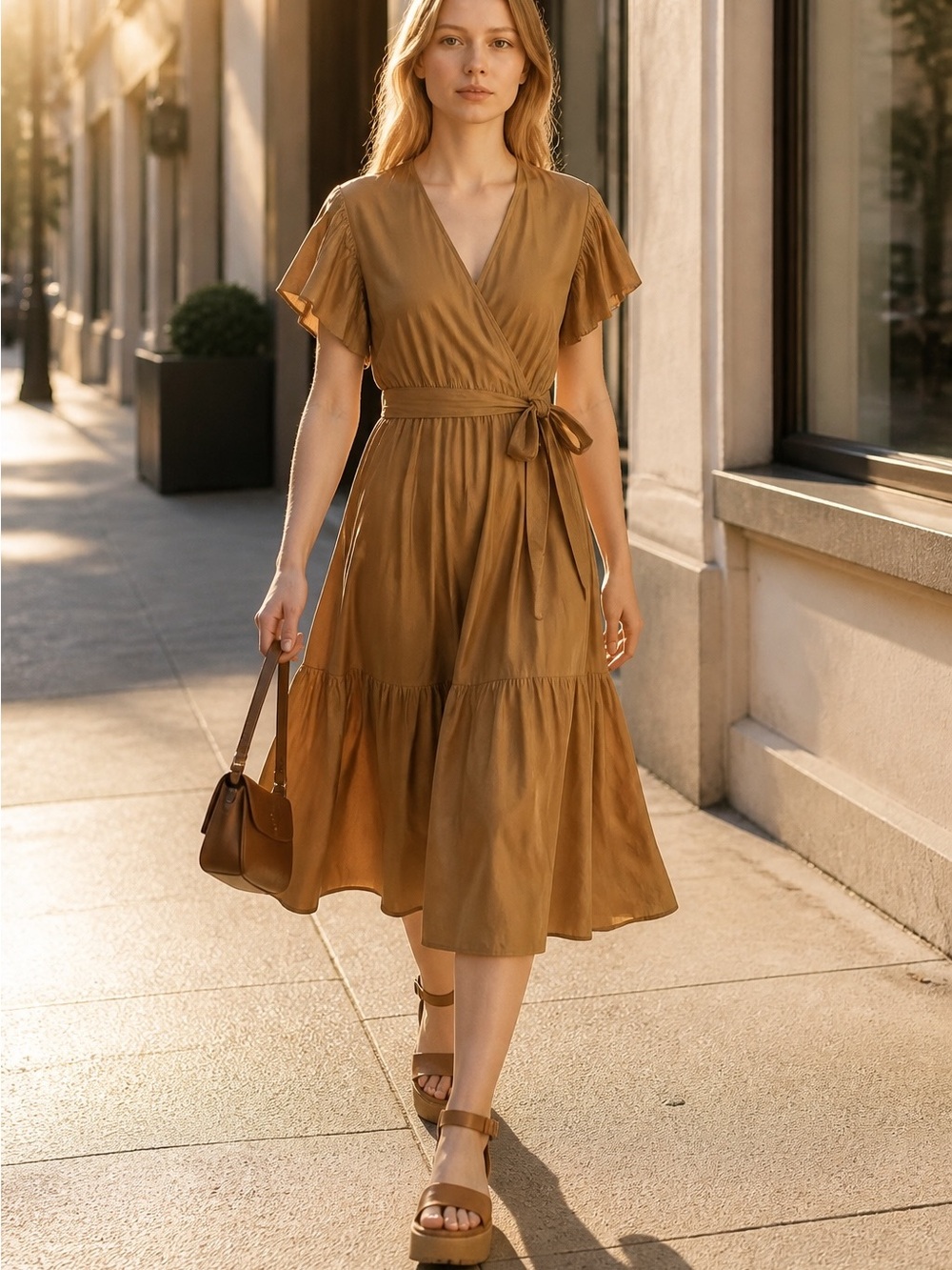 Petal & Pup 1/2 Sleeve Barker V-neck Tiered Midi Dress‎ (Cinnamon) 100% Rayon. S
